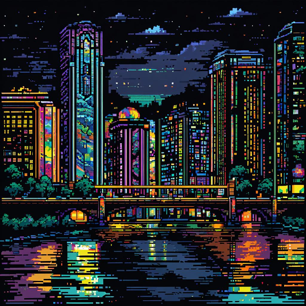 Pixel Art Nighttime Cityscape Riverbend