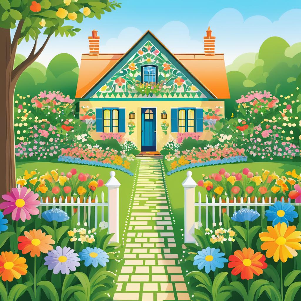 Whimsical Cottage with Blooming Garden Art