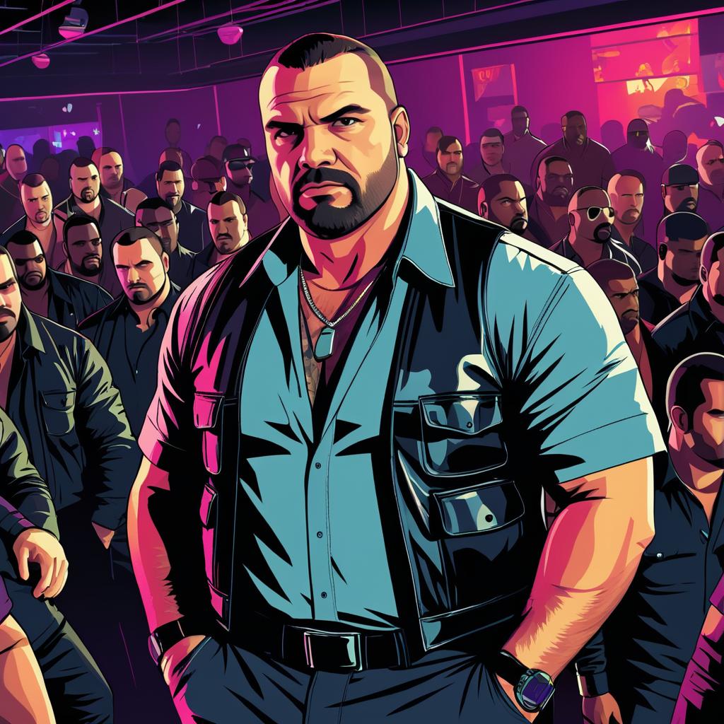 Rugged Bouncer in Vibrant Nightclub Scene