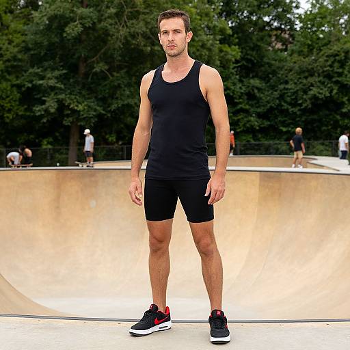 Photograph of a muscular, fair-skinned man with short brown hair, wearing a black tank top, black shorts, and black sneakers with red accents