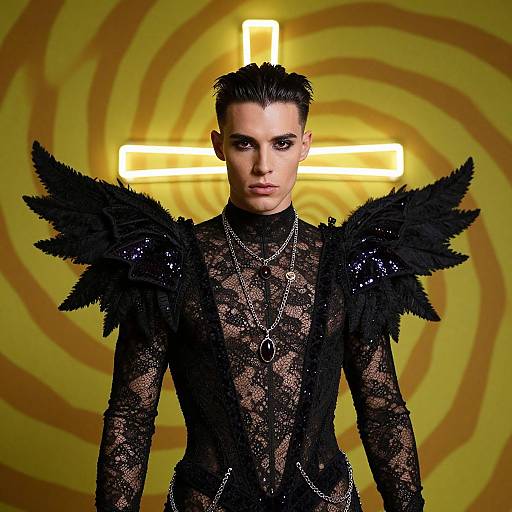 Photograph of a androgynous model with short black hair, wearing a black lace top with feathered shoulders, neon cross background, intense gaze