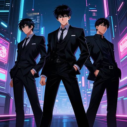 Digital anime artwork of three handsome, black-haired men in black suits with white shirts and ties, standing confidently in a neon-lit, futuristic cityscape
