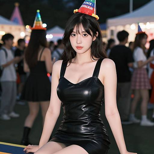 Photograph of an Asian woman with pale skin, black hair, and red lipstick, wearing a black leather dress and a 