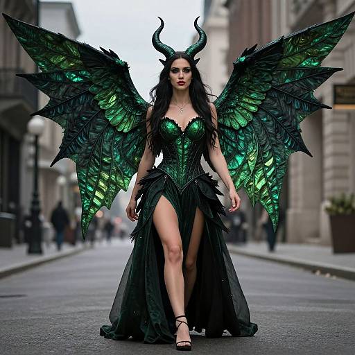 Photograph of a dark, green-feathered, demon-like woman with large wings, black horns, and a revealing black gown, walking down a