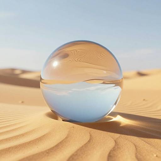 Photograph of a clear, water-filled glass sphere on a sunlit, rippled sandy surface with a bright blue sky background.