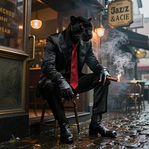Photograph of a black panther anthropomorphized in a black suit, red tie, smoking a cigar, sitting on a stool outside a dim