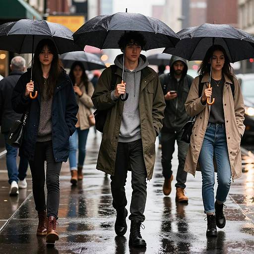 Photograph of four young adults walking in a rainy city street, each holding a black umbrella, wearing dark coats and jeans. Wet pavement reflects city lights