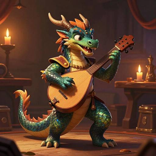 A vibrant, cartoon-style dragon with green scales, orange spines, and horns, plays an acoustic guitar in a dimly lit, medieval tavern.