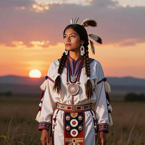 Photograph of Native American woman with braided hair, feathered headpiece, white traditional dress, sunset background, golden-orange sky, mountain silhouette.