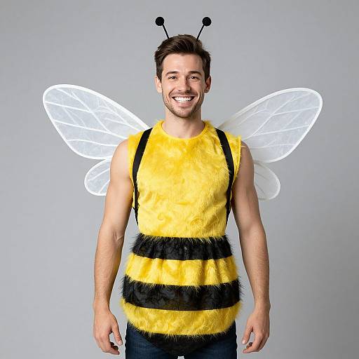 Photograph of a smiling man in a yellow and black striped bee costume with faux fur, translucent wings, and antennae.