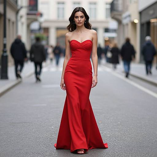 Photograph of a slender woman with dark, wavy hair in a strapless, form-fitting red evening gown, walking down a city street with