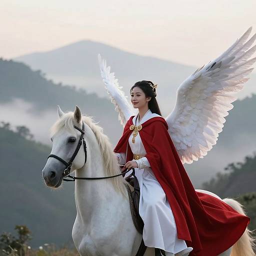 Photograph of an Asian woman with black hair, white wings, and red cloak, riding a white horse, set against misty mountains.