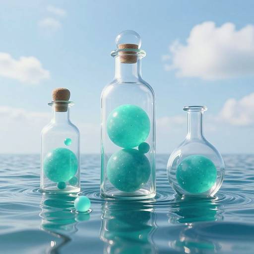 Floating Crystal Vials Over Ocean