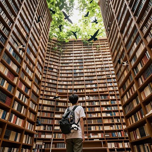 Photograph of a young man with a black backpack, standing in a towering library with wooden bookshelves, birds flying overhead, sunlight filtering through green