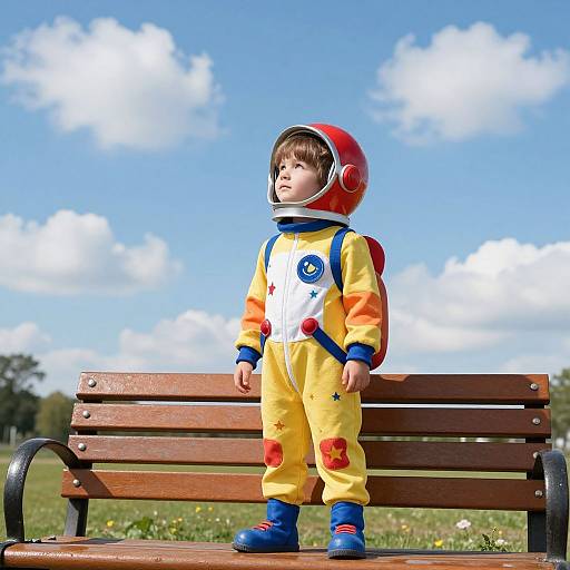 Photograph of a young child in a yellow astronaut suit with red helmet, standing on a wooden bench in a sunny park. Blue sky with fluffy clouds