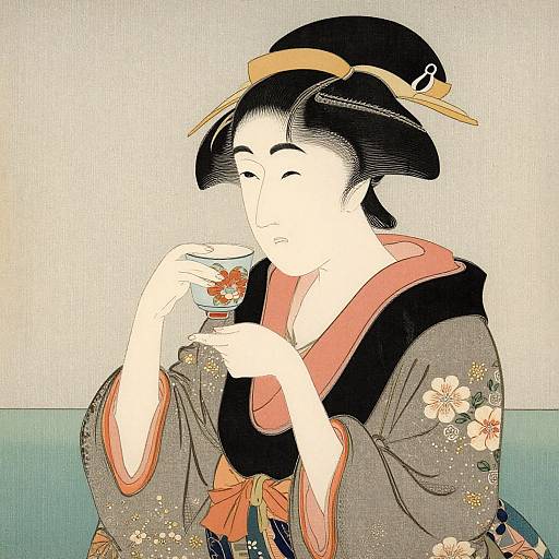 Traditional Japanese woodblock-style illustration of a woman in a floral kimono, sipping tea from a delicate cup, with black hair in an elaborate up