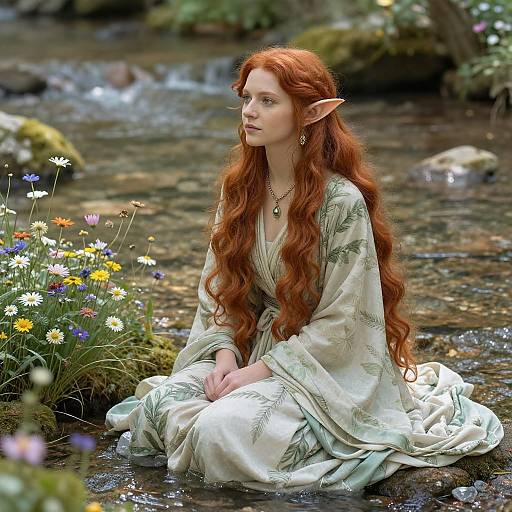 Photograph of a red-haired, elven woman with long wavy hair, wearing a white, floral-embroidered dress, sitting by a
