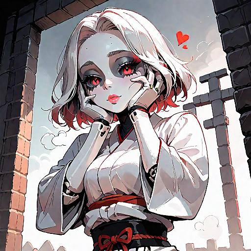 Digital anime-style drawing of a white-haired woman with red eyes, wearing a white kimono, framed by brick walls, with red hearts above her head