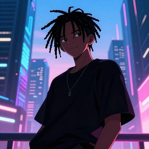 Digital anime-style drawing of a dark-skinned, dreadlocked young man in a black shirt, standing against a neon-lit, futuristic cityscape.