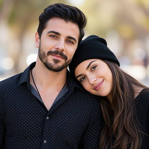 Photograph of a smiling couple with dark hair and beards, wearing black polka dot shirts and black beanies, leaning closely in an outdoor,