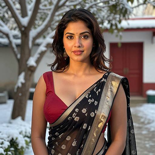 Photograph of an Indian woman with medium skin tone, dark wavy hair, wearing a red blouse and black saree with gold floral patterns, standing