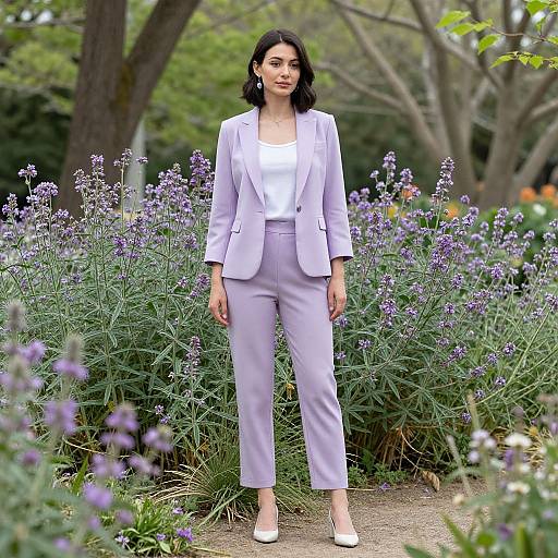 Photograph of a woman with dark hair, wearing a light purple blazer, white blouse, and matching pants, standing in a lush garden with purple