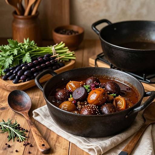 Photograph of a rustic kitchen scene with a black cast-iron skillet filled with glossy, caramelized sweet potatoes, garnished with rosemary, on