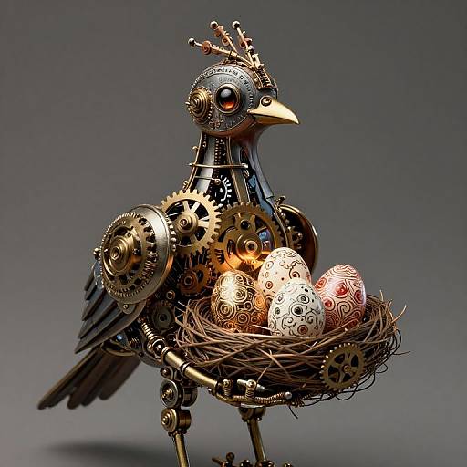 Steampunk robotic bird with gears and cogs, holding intricately decorated eggs in a nest, against a gray gradient background. Digital art.