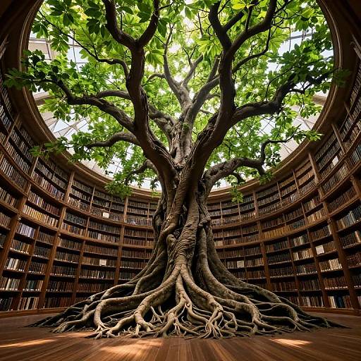 Photograph of a massive, gnarled tree with sprawling roots in the center of a circular wooden library filled with bookshelves. Bright green leaves