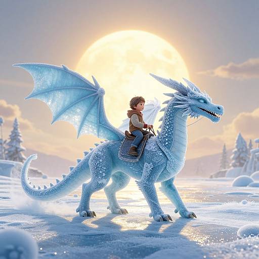 CGI image of a young boy riding a large, blue, ice-covered dragon in a snowy landscape at sunset, with glowing sun and snow-covered trees