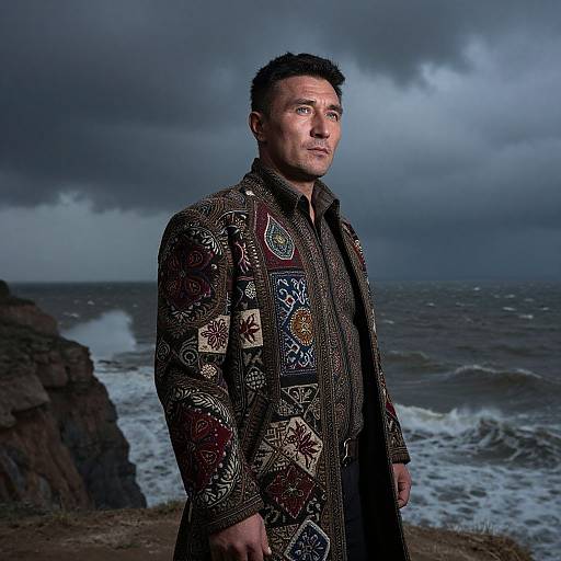 Photograph of a serious, short-haired man in a patterned, dark coat standing on a rocky beach under a stormy, cloudy sky.