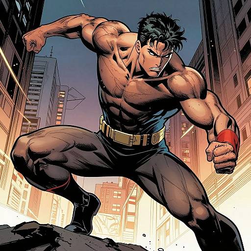 Muscular, shirtless man with black hair and intense expression, crouching in urban alleyway, wearing black pants and red wristband, comic