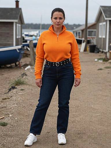 Photograph of a serious woman in an orange hoodie, black pants, white sneakers, standing on a gravel waterfront path with small houses in the background.
