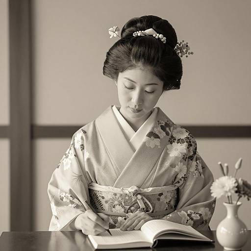 Japanese Woman Writing in Kimono