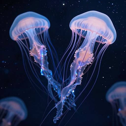 Photograph of two glowing blue and white jellyfish with translucent, flowing tentacles, floating against a starry, dark blue ocean background.