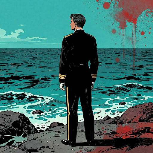 Digital comic-style artwork of a military officer in black uniform, standing on rocky shore, facing ocean, with blood splatters in background.