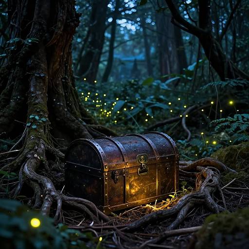 Photograph of a rustic, glowing metal chest with a lock, nestled among dark forest roots, surrounded by twinkling yellow fireflies.