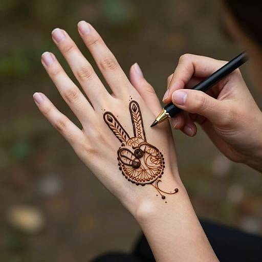 Photograph of a hand with intricate brown henna bunny design on the palm, being detailed with a fine-tip pen. Background is blurred, featuring earth