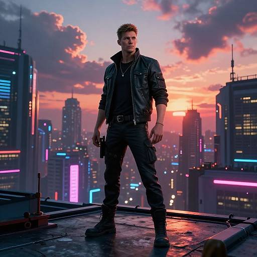 Photorealistic CGI of a muscular man with short blond hair, wearing a black leather jacket and pants, standing on a rooftop at sunset in a neon