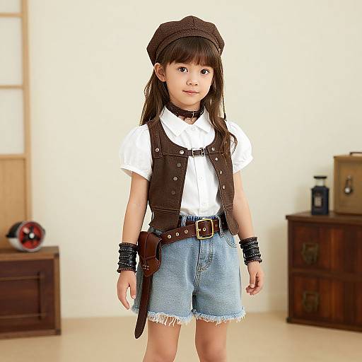 Photograph of a young girl with long brown hair, wearing a brown beret, white shirt, brown vest, blue denim shorts, and black accessories