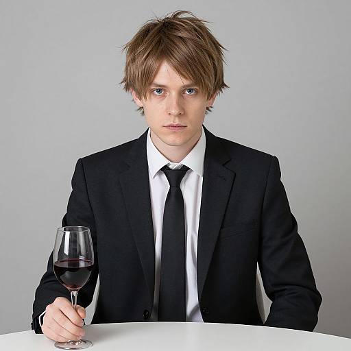 Photograph of a young man with brown, tousled hair, wearing a black suit, white shirt, and black tie, holding a glass of red