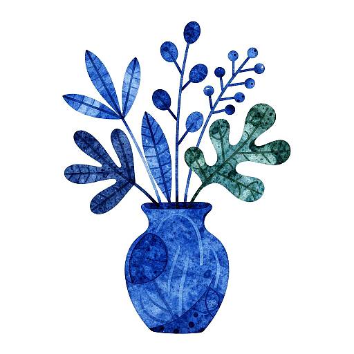 Stylized Blue Vase with Abstract Plants