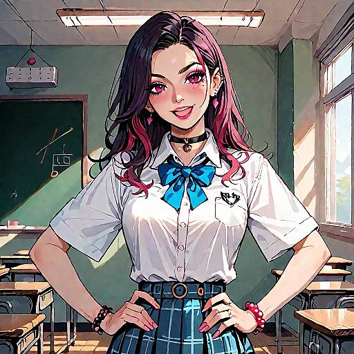 Cheerful Anime Girl in Classroom Setting