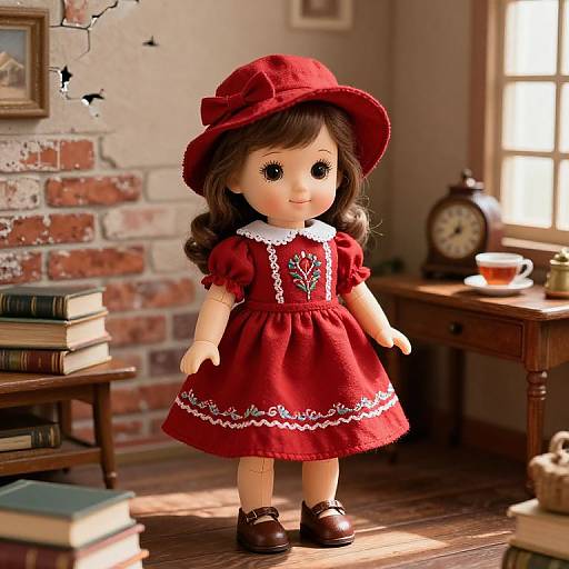 Photograph of a vintage-style doll with long brown hair, red dress, white floral embroidery, matching red hat, brown shoes, standing in a sun