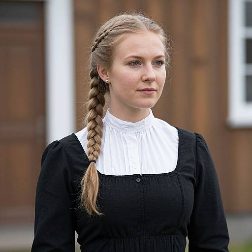 Photograph of a young Caucasian woman with blonde hair in a braid, wearing a black dress with a white ruffled collar, standing outdoors against a