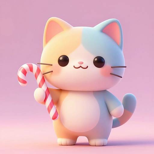 Cute, digital 3D cartoon cat with white and light orange fur, holding a candy cane, standing against a pink gradient background.