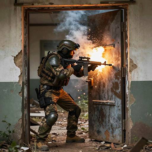 Tactical Siege Operator Breaching Door