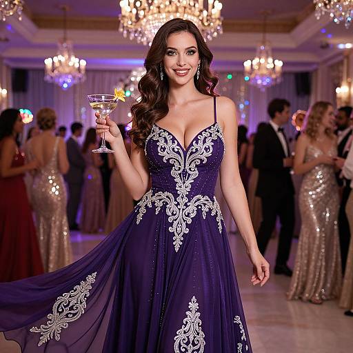 Photograph of a smiling brunette woman in a navy blue, lace-trimmed evening gown holding a cocktail, standing in a dimly-lit ball
