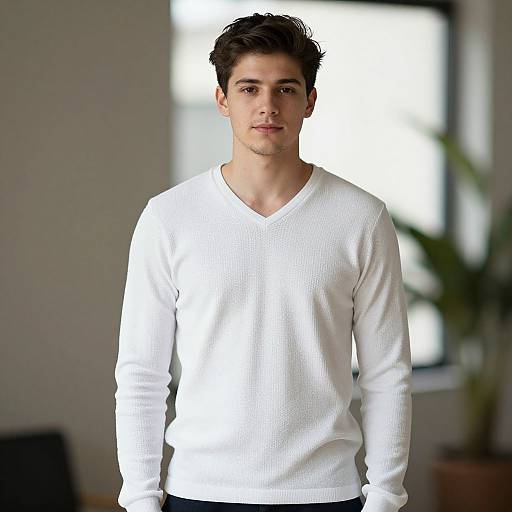 Photograph of a young man with short dark hair, wearing a white V-neck sweater, standing in a softly lit, modern room.