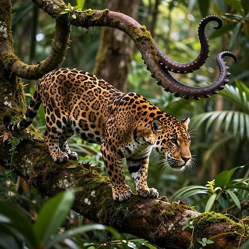 Photograph of a spotted jaguar with a curled tail, walking on a moss-covered branch in a dense, vibrant jungle.